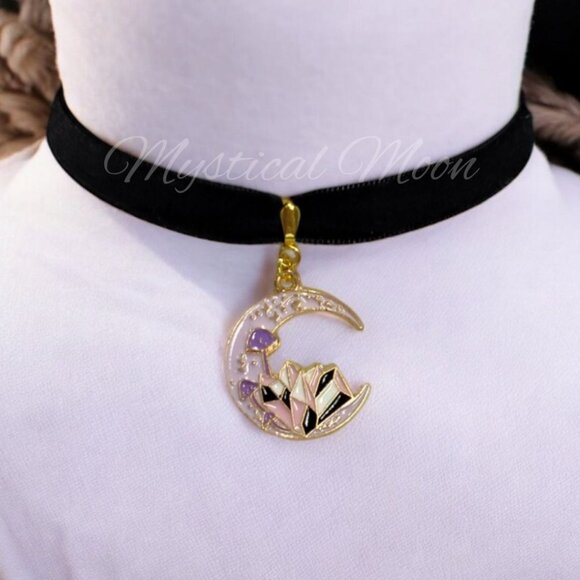 Crystal Moon Choker Necklace Multicolor Pink Enamel Crescent Moon Pendant Charm - Picture 1 of 4
